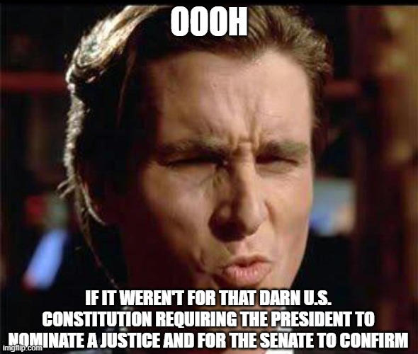 Christian Bale Ooh | OOOH IF IT WEREN'T FOR THAT DARN U.S. CONSTITUTION REQUIRING THE PRESIDENT TO NOMINATE A JUSTICE AND FOR THE SENATE TO CONFIRM | image tagged in christian bale ooh | made w/ Imgflip meme maker
