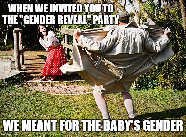 flasher laugh | WHEN WE INVITED YOU TO THE "GENDER REVEAL" PARTY; WE MEANT FOR THE BABY'S GENDER | image tagged in flasher laugh | made w/ Imgflip meme maker