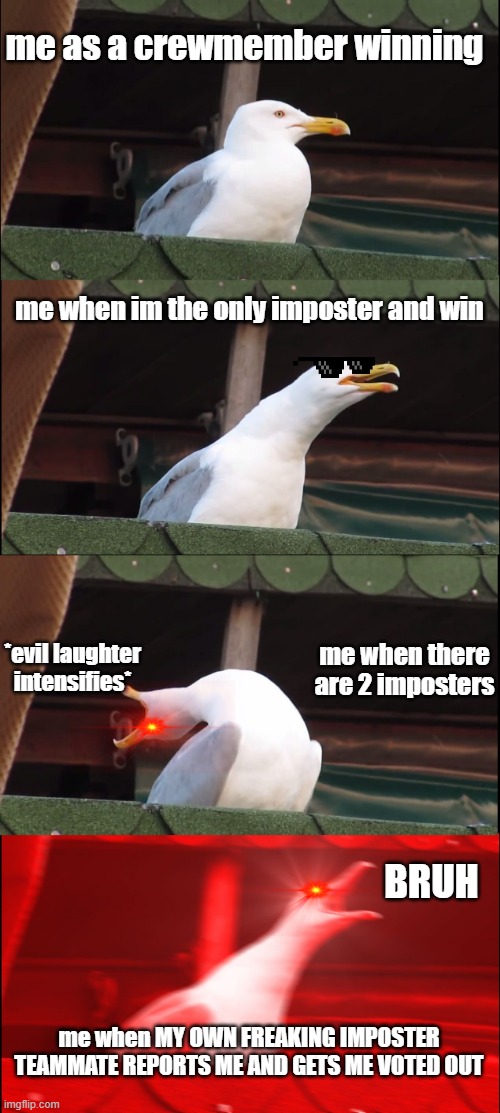 My first few rounds in among us | me as a crewmember winning; me when im the only imposter and win; *evil laughter intensifies*; me when there are 2 imposters; BRUH; me when MY OWN FREAKING IMPOSTER TEAMMATE REPORTS ME AND GETS ME VOTED OUT | image tagged in memes,inhaling seagull,among us | made w/ Imgflip meme maker