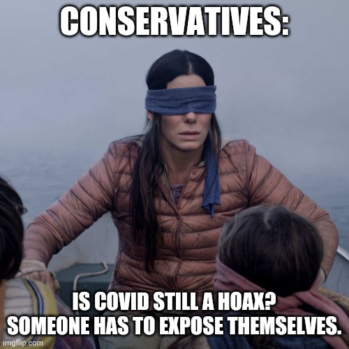 Except Trump chose everyone instead of no one. | CONSERVATIVES:; IS COVID STILL A HOAX? SOMEONE HAS TO EXPOSE THEMSELVES. | image tagged in memes,bird box | made w/ Imgflip meme maker