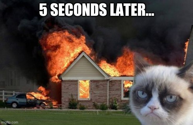 Burn Kitty Meme | 5 SECONDS LATER... | image tagged in memes,burn kitty,grumpy cat | made w/ Imgflip meme maker