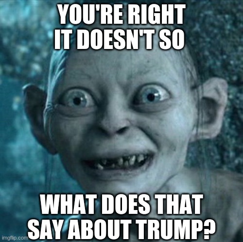 Gollum Meme | YOU'RE RIGHT IT DOESN'T SO WHAT DOES THAT SAY ABOUT TRUMP? | image tagged in memes,gollum | made w/ Imgflip meme maker