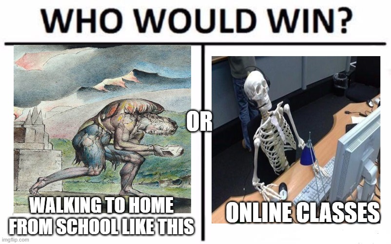 this one is not that good sry ?? | OR; ONLINE CLASSES; WALKING TO HOME FROM SCHOOL LIKE THIS | image tagged in memes,who would win,school | made w/ Imgflip meme maker