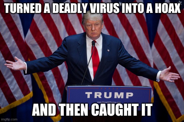 Donald Trump | TURNED A DEADLY VIRUS INTO A HOAX AND THEN CAUGHT IT | image tagged in donald trump | made w/ Imgflip meme maker