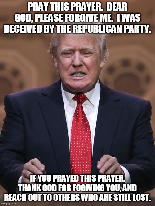 Donald Trump | PRAY THIS PRAYER.  DEAR GOD, PLEASE FORGIVE ME.  I WAS DECEIVED BY THE REPUBLICAN PARTY. IF YOU PRAYED THIS PRAYER, THANK GOD FOR FOGIVING YOU, AND REACH OUT TO OTHERS WHO ARE STILL LOST. | image tagged in donald trump | made w/ Imgflip meme maker