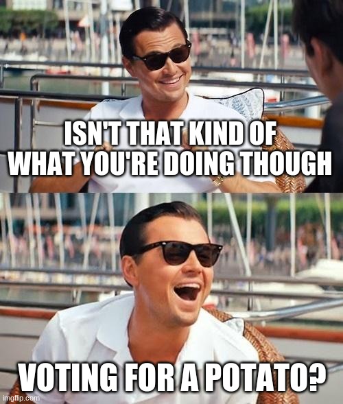 Leonardo Dicaprio Wolf Of Wall Street Meme | ISN'T THAT KIND OF WHAT YOU'RE DOING THOUGH VOTING FOR A POTATO? | image tagged in memes,leonardo dicaprio wolf of wall street | made w/ Imgflip meme maker