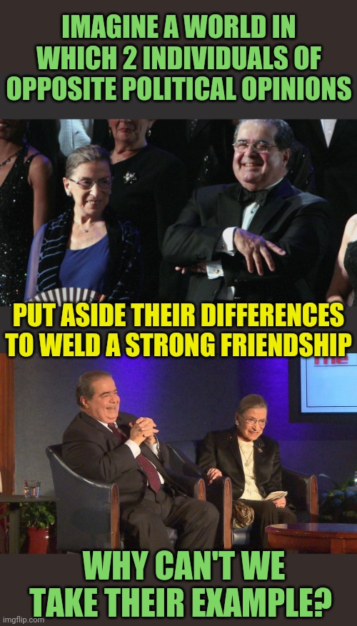 RBG and Scalia, life goals right there. | IMAGINE A WORLD IN WHICH 2 INDIVIDUALS OF OPPOSITE POLITICAL OPINIONS; PUT ASIDE THEIR DIFFERENCES TO WELD A STRONG FRIENDSHIP; WHY CAN'T WE TAKE THEIR EXAMPLE? | image tagged in politics,give peace a chance | made w/ Imgflip meme maker