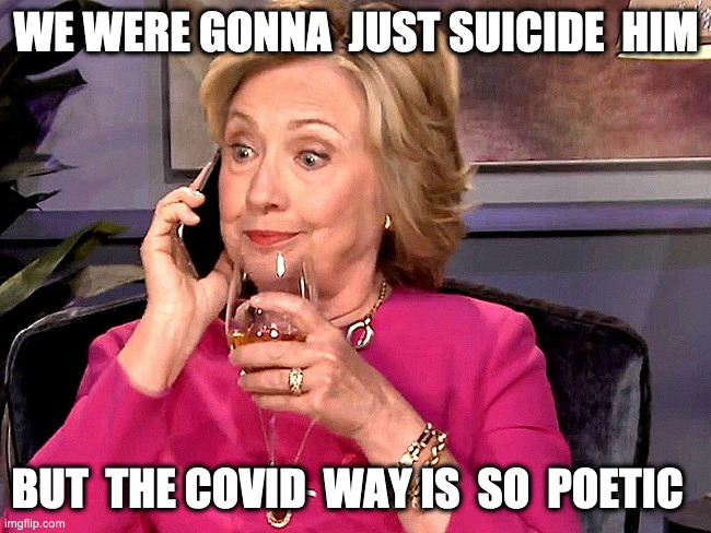 Hillary get another one | WE WERE GONNA  JUST SUICIDE  HIM; BUT  THE COVID  WAY IS  SO  POETIC | image tagged in ghislaine,hillary,covid,trump,memes,fun | made w/ Imgflip meme maker