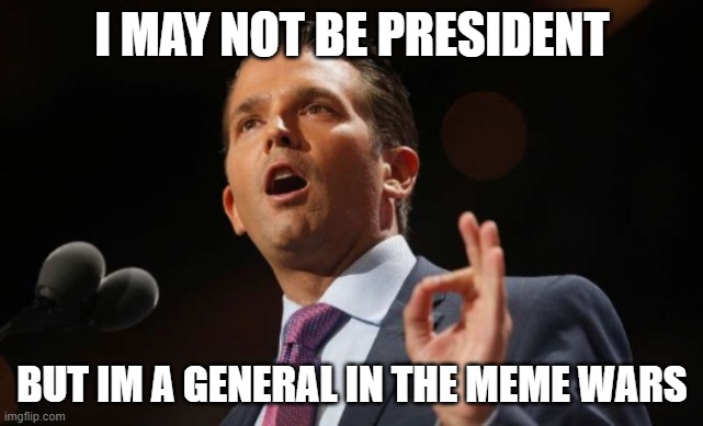 Donald Trump Jr. | I MAY NOT BE PRESIDENT; BUT IM A GENERAL IN THE MEME WARS | image tagged in donald trump jr | made w/ Imgflip meme maker