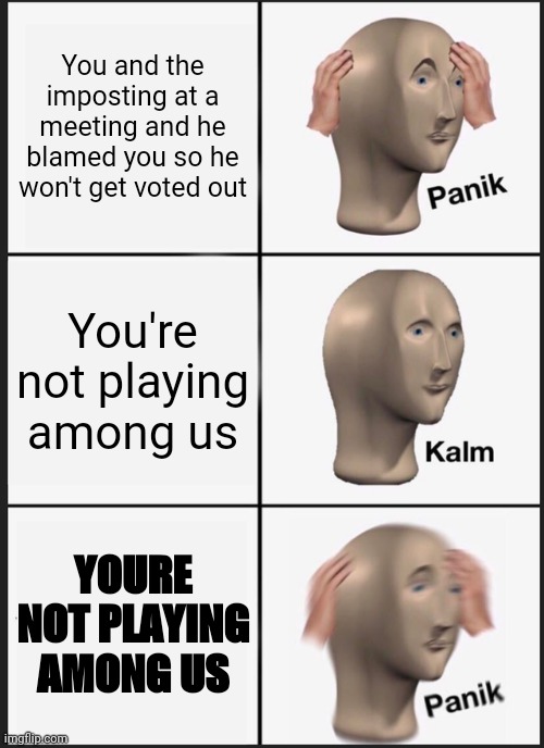 *imposter | You and the imposting at a meeting and he blamed you so he won't get voted out; You're not playing among us; YOURE NOT PLAYING AMONG US | image tagged in memes,panik kalm panik | made w/ Imgflip meme maker