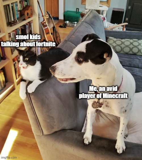 Minecraft versus Fortnite with animals. | smol kids talking about fortnite; Me, an avid player of Minecraft | image tagged in noob versus veteran,new template | made w/ Imgflip meme maker