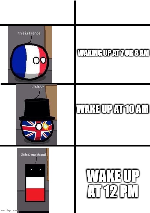 wake up | WAKING UP AT 7 OR 8 AM; WAKE UP AT 10 AM; WAKE UP AT 12 PM | image tagged in comparison chart,polandball,countryballs,waking up,memes,funny | made w/ Imgflip meme maker