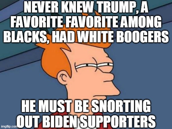 Futurama Fry Meme | NEVER KNEW TRUMP, A FAVORITE FAVORITE AMONG BLACKS, HAD WHITE BOOGERS HE MUST BE SNORTING OUT BIDEN SUPPORTERS | image tagged in memes,futurama fry | made w/ Imgflip meme maker