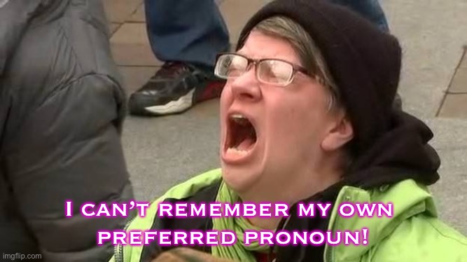 Screaming Trump Protester at Inauguration | I can’t remember my own 
preferred pronoun! | image tagged in screaming trump protester at inauguration | made w/ Imgflip meme maker