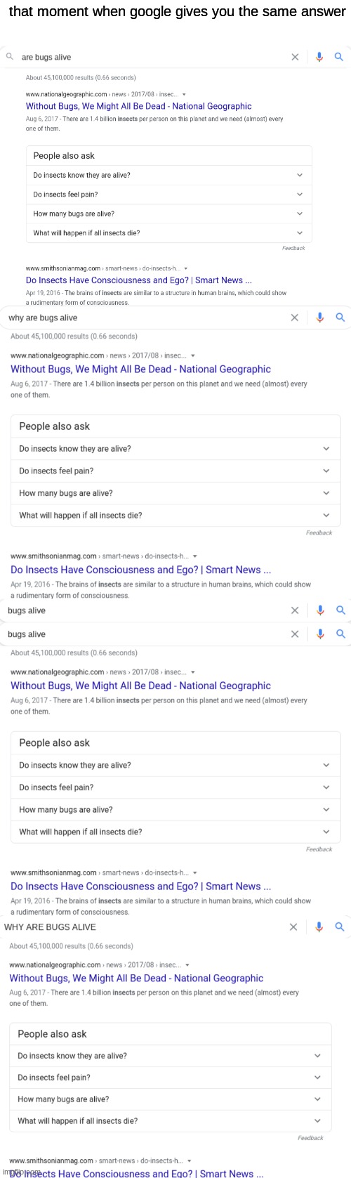 WiThOuT bUgS, wE mIgHt AlL bE dEaD | that moment when google gives you the same answer | image tagged in blank white template | made w/ Imgflip meme maker