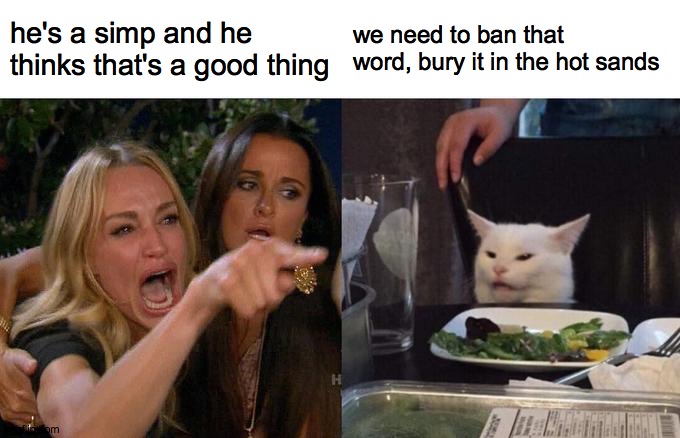 Woman Yelling At Cat | he's a simp and he thinks that's a good thing; we need to ban that word, bury it in the hot sands | image tagged in memes,woman yelling at cat | made w/ Imgflip meme maker
