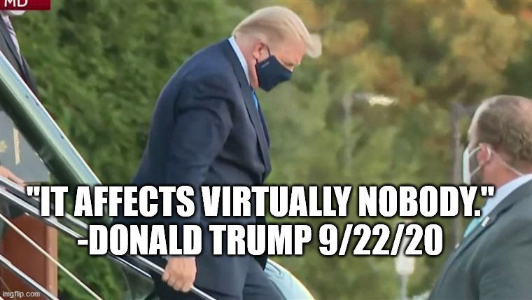 "It affects virtually nobody." -Donald Trump, 9/22/20 | "IT AFFECTS VIRTUALLY NOBODY."
-DONALD TRUMP 9/22/20 | image tagged in donald trump,covid-19 | made w/ Imgflip meme maker