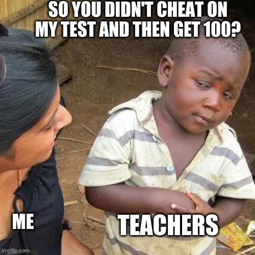 Lol, but srsly, don't cheat... |  SO YOU DIDN'T CHEAT ON MY TEST AND THEN GET 100? TEACHERS; ME | image tagged in memes,third world skeptical kid,middle school,100,cheater,liar liar my teacher says | made w/ Imgflip meme maker