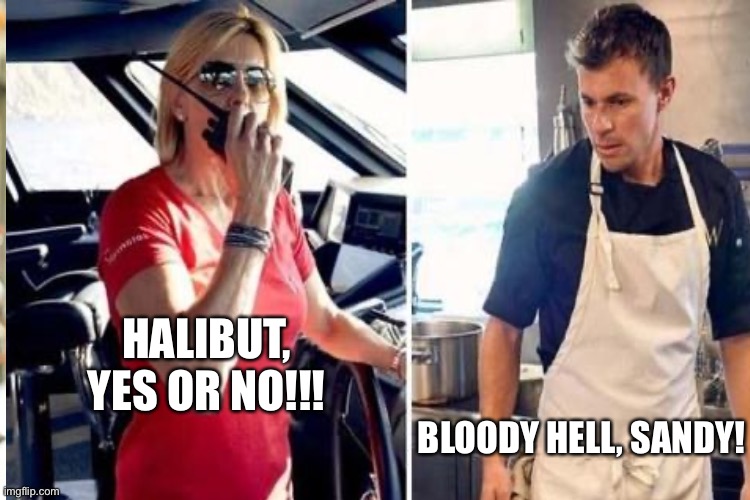 HALIBUT, YES OR NO!!! BLOODY HELL, SANDY! | made w/ Imgflip meme maker