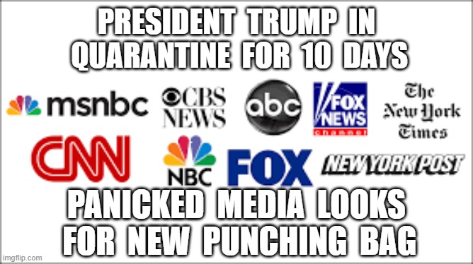 PRESIDENT  TRUMP  IN  QUARANTINE  FOR  10  DAYS; PANICKED  MEDIA  LOOKS  FOR  NEW  PUNCHING  BAG | image tagged in president trump,fake news,cnn fake news | made w/ Imgflip meme maker