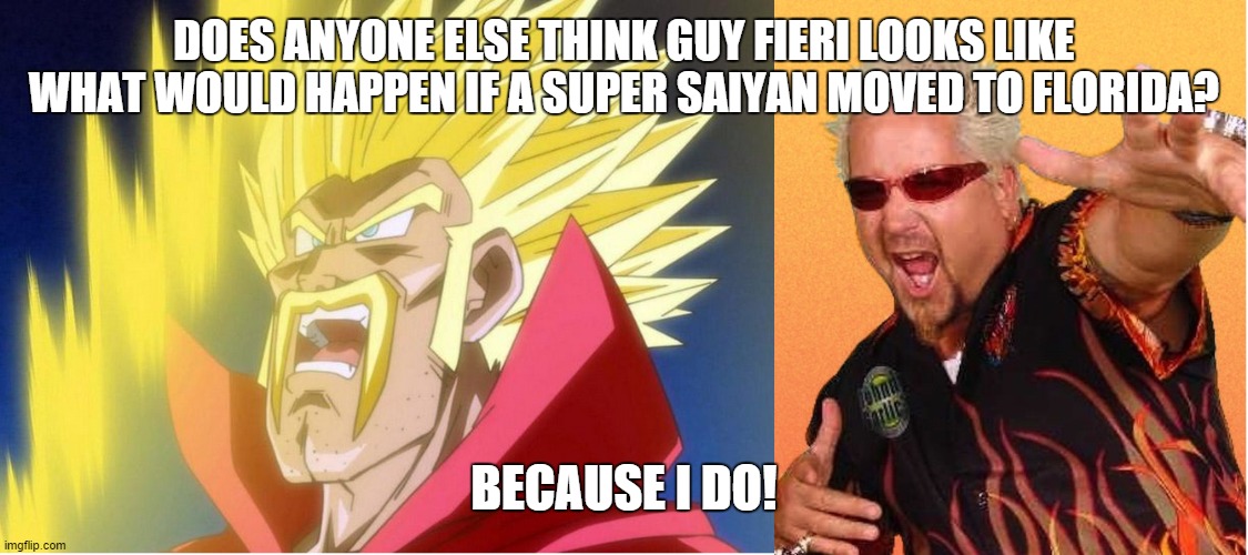 A weird thought | DOES ANYONE ELSE THINK GUY FIERI LOOKS LIKE WHAT WOULD HAPPEN IF A SUPER SAIYAN MOVED TO FLORIDA? BECAUSE I DO! | image tagged in dragon ball z,guy fieri,florida,super saiyan | made w/ Imgflip meme maker