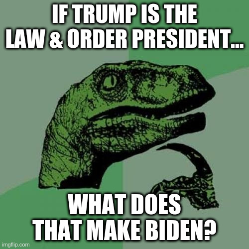 biden | IF TRUMP IS THE LAW & ORDER PRESIDENT... WHAT DOES THAT MAKE BIDEN? | image tagged in memes,philosoraptor | made w/ Imgflip meme maker