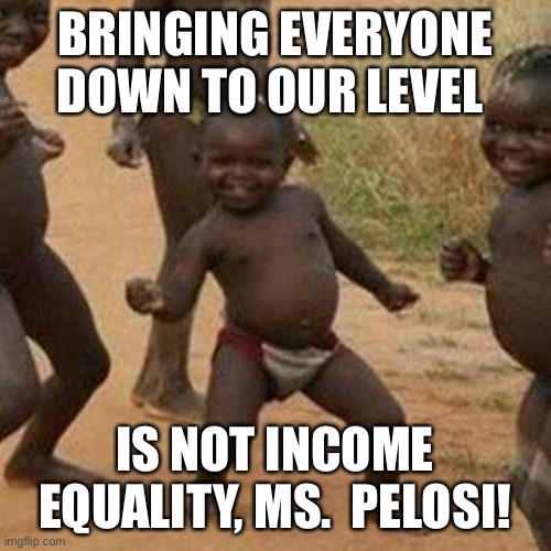 Income equality | BRINGING EVERYONE DOWN TO OUR LEVEL; IS NOT INCOME EQUALITY, MS.  PELOSI! | image tagged in memes,third world success kid | made w/ Imgflip meme maker