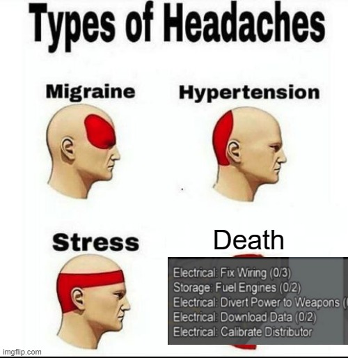 Tasks in electrical are a guaranteed loss of your life | Death | image tagged in types of headaches meme,among us,electrical,impostor,among us memes | made w/ Imgflip meme maker