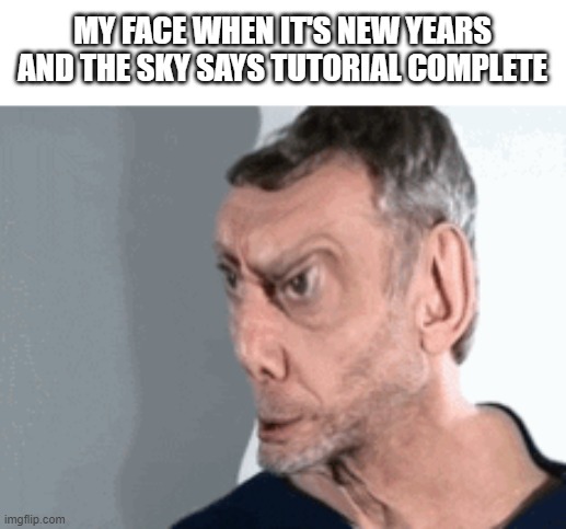 MY FACE WHEN IT'S NEW YEARS AND THE SKY SAYS TUTORIAL COMPLETE | image tagged in wot | made w/ Imgflip meme maker