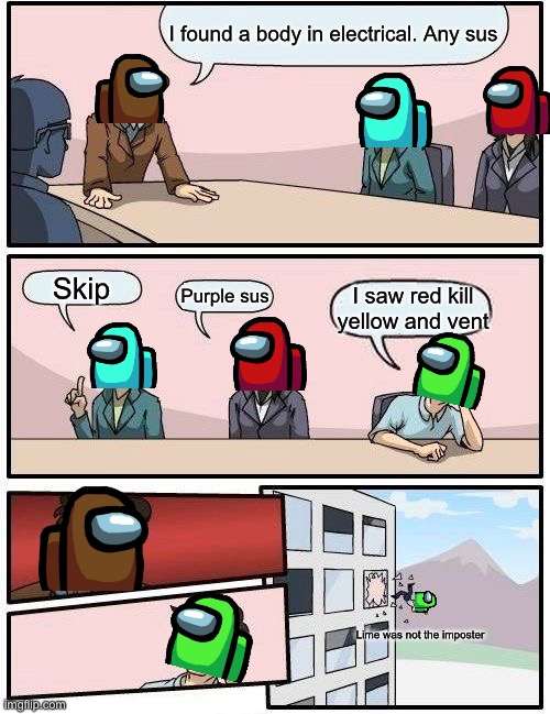 Boardroom Meeting Suggestion | I found a body in electrical. Any sus; Skip; Purple sus; I saw red kill yellow and vent; Lime was not the imposter | image tagged in memes,boardroom meeting suggestion | made w/ Imgflip meme maker