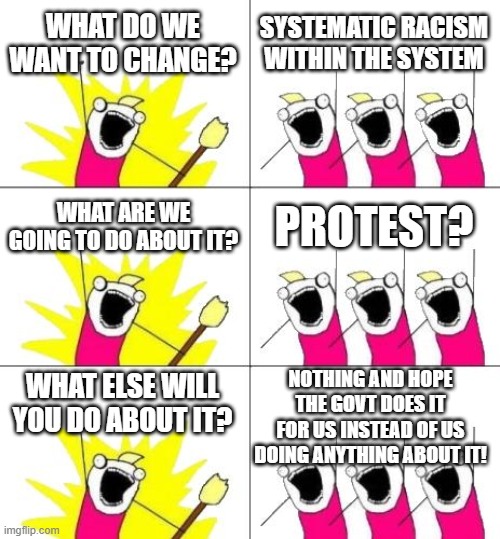 protest | WHAT DO WE WANT TO CHANGE? SYSTEMATIC RACISM WITHIN THE SYSTEM; WHAT ARE WE GOING TO DO ABOUT IT? PROTEST? NOTHING AND HOPE THE GOVT DOES IT FOR US INSTEAD OF US DOING ANYTHING ABOUT IT! WHAT ELSE WILL YOU DO ABOUT IT? | image tagged in memes,what do we want 3,protest,systematic racism,do nothing | made w/ Imgflip meme maker