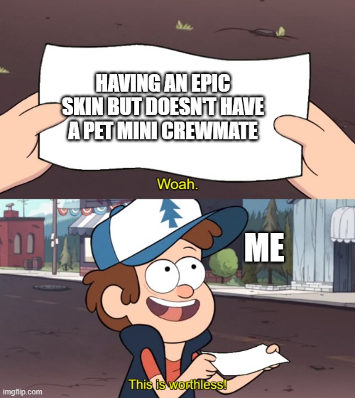 kewl | HAVING AN EPIC SKIN BUT DOESN'T HAVE A PET MINI CREWMATE; ME | image tagged in this is worthless | made w/ Imgflip meme maker