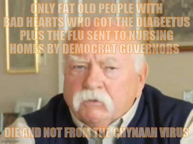 Wilford Brimley | ONLY FAT OLD PEOPLE WITH BAD HEARTS WHO GOT THE DIABEETUS PLUS THE FLU SENT TO NURSING  HOMES BY DEMOCRAT GOVERNORS DIE AND NOT FROM THE CHY | image tagged in wilford brimley | made w/ Imgflip meme maker