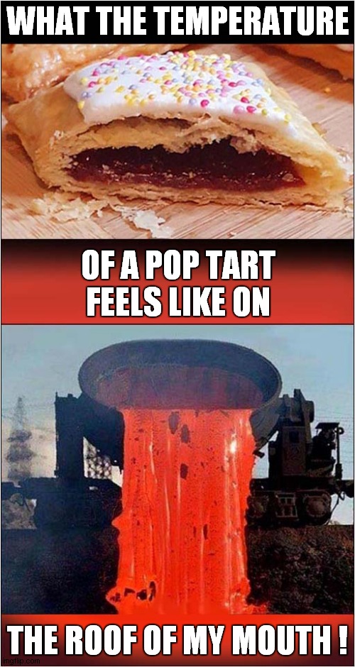 Molton Pop Tart Filling | WHAT THE TEMPERATURE; OF A POP TART FEELS LIKE ON; THE ROOF OF MY MOUTH ! | image tagged in pop tarts,molten steel | made w/ Imgflip meme maker