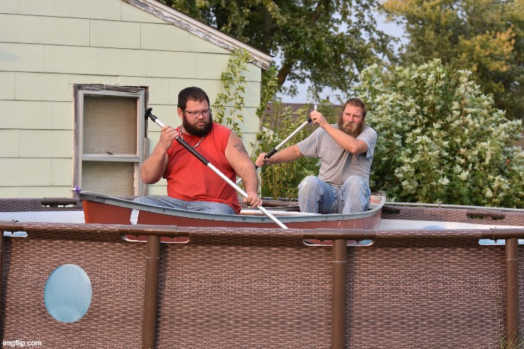 Two of my friends participating  in the very dangerous sport of pool canoeing before draining it for the season | image tagged in pool canoeing,silly | made w/ Imgflip meme maker