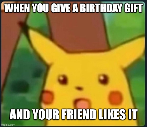 I hope this happens someday | WHEN YOU GIVE A BIRTHDAY GIFT; AND YOUR FRIEND LIKES IT | image tagged in surprised pikachu | made w/ Imgflip meme maker