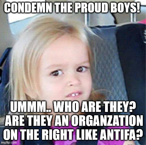 Who are Proud Boys?  Are they an idea or an organization? | CONDEMN THE PROUD BOYS! UMMM.. WHO ARE THEY?  ARE THEY AN ORGANZATION ON THE RIGHT LIKE ANTIFA? | image tagged in confused little girl | made w/ Imgflip meme maker
