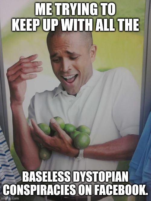 Facebook Sucks So Bad | ME TRYING TO KEEP UP WITH ALL THE; BASELESS DYSTOPIAN CONSPIRACIES ON FACEBOOK. | image tagged in memes,why can't i hold all these limes,facebook,conspiracy theory | made w/ Imgflip meme maker