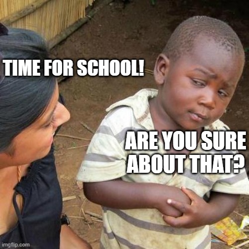 Are you sure about that? | TIME FOR SCHOOL! ARE YOU SURE ABOUT THAT? | image tagged in memes,third world skeptical kid | made w/ Imgflip meme maker