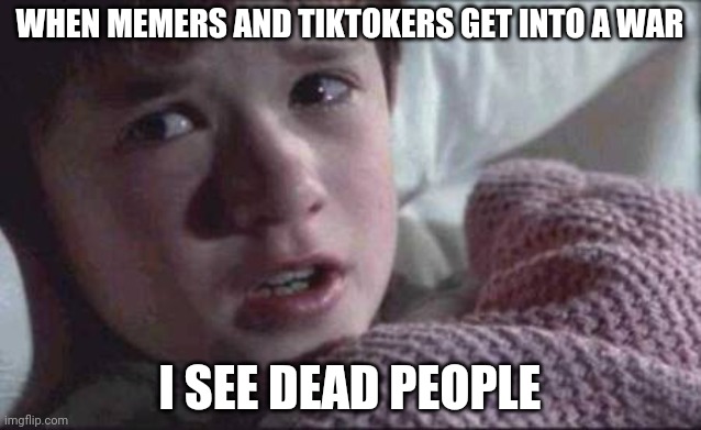 I See Dead People Meme | WHEN MEMERS AND TIKTOKERS GET INTO A WAR; I SEE DEAD PEOPLE | image tagged in memes,i see dead people | made w/ Imgflip meme maker