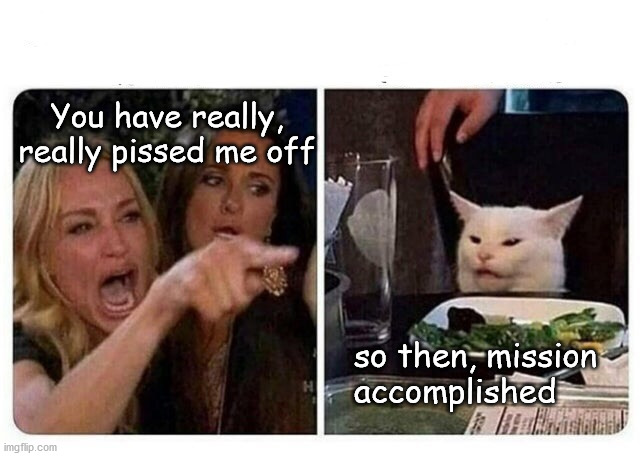 you're pissing me off | You have really,
really pissed me off; so then, mission
accomplished | image tagged in cat at dinner | made w/ Imgflip meme maker