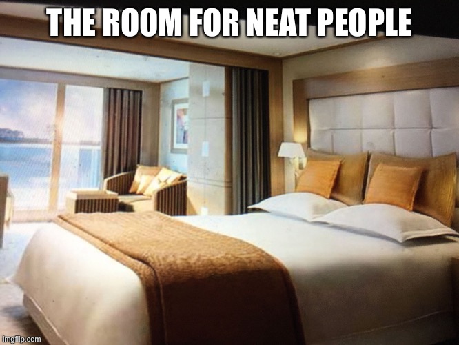 I'm kinda neat but not really | THE ROOM FOR NEAT PEOPLE | image tagged in cruise ship bedroom | made w/ Imgflip meme maker