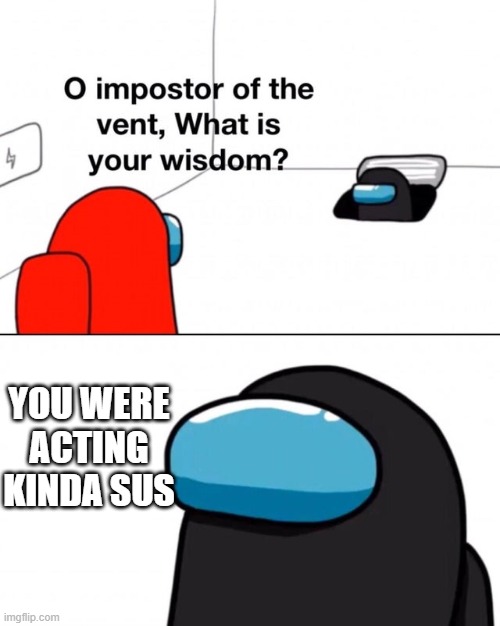 O impostor of the vent, what is your wisdom? | YOU WERE ACTING KINDA SUS | image tagged in o impostor of the vent what is your wisdom,among us | made w/ Imgflip meme maker