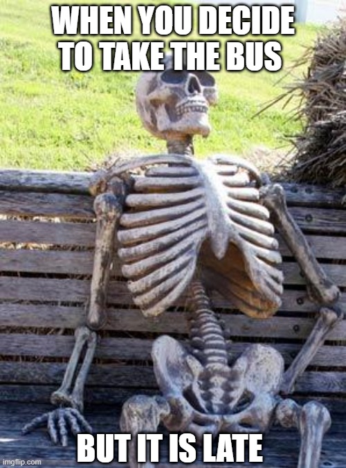 Waiting Skeleton Meme | WHEN YOU DECIDE TO TAKE THE BUS; BUT IT IS LATE | image tagged in memes,waiting skeleton | made w/ Imgflip meme maker