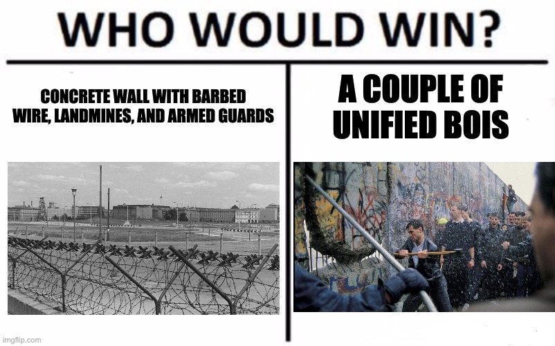 Who Would Win? Meme | CONCRETE WALL WITH BARBED WIRE, LANDMINES, AND ARMED GUARDS; A COUPLE OF UNIFIED BOIS | image tagged in memes,who would win | made w/ Imgflip meme maker