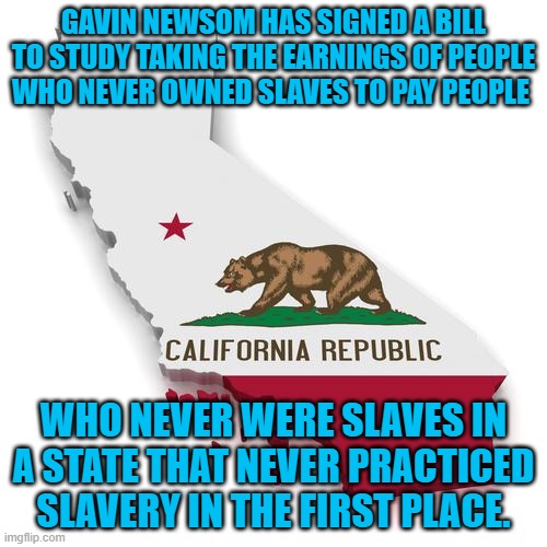 Our governor, the pandering lunatic. | GAVIN NEWSOM HAS SIGNED A BILL TO STUDY TAKING THE EARNINGS OF PEOPLE WHO NEVER OWNED SLAVES TO PAY PEOPLE; WHO NEVER WERE SLAVES IN A STATE THAT NEVER PRACTICED SLAVERY IN THE FIRST PLACE. | image tagged in california | made w/ Imgflip meme maker