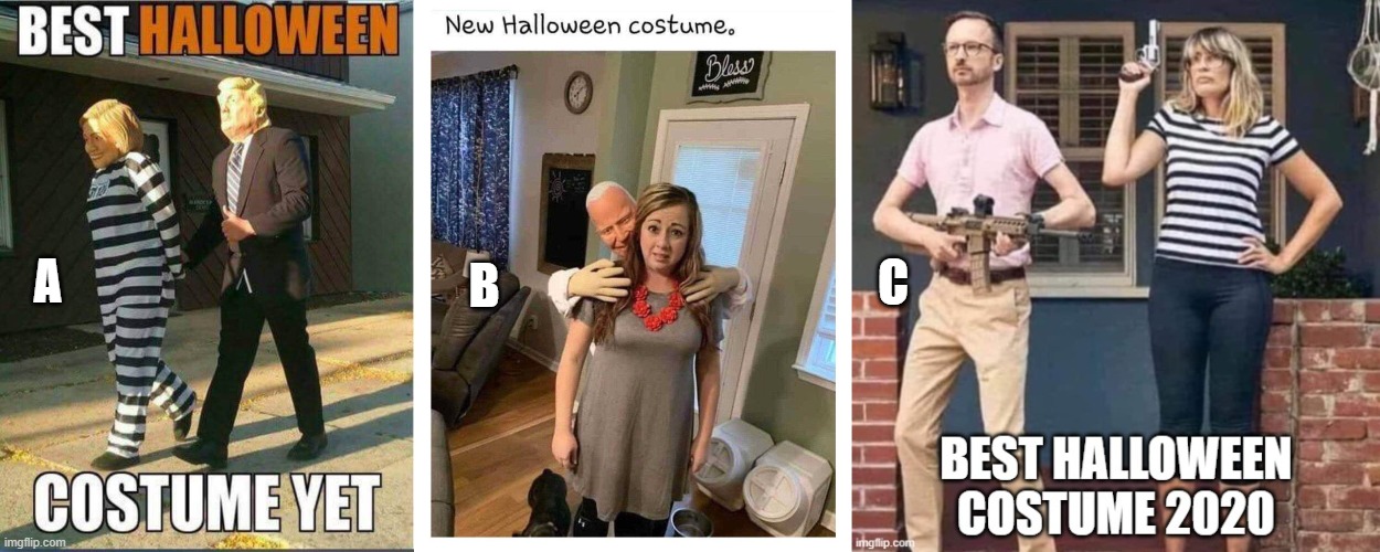 Which Costume Is the best | B; C; A | image tagged in donald trump,joe biden,hillary clinton | made w/ Imgflip meme maker
