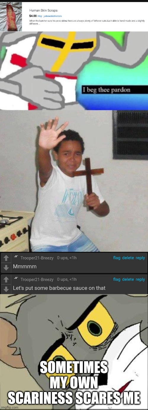 SOMETIMES MY OWN SCARINESS SCARES ME | image tagged in hehe | made w/ Imgflip meme maker