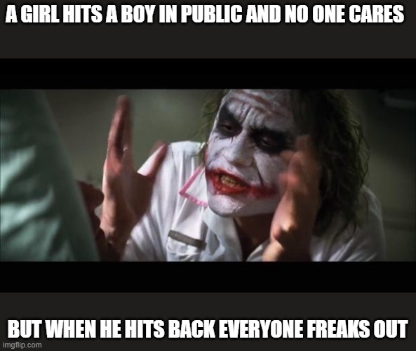 And everybody loses their minds | A GIRL HITS A BOY IN PUBLIC AND NO ONE CARES; BUT WHEN HE HITS BACK EVERYONE FREAKS OUT | image tagged in memes,and everybody loses their minds | made w/ Imgflip meme maker