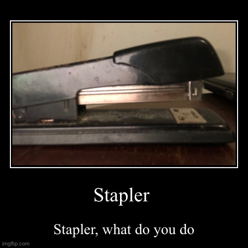 Stapler stapler what can you do? | image tagged in funny,stapler,staplers,funny song,song,fun | made w/ Imgflip demotivational maker